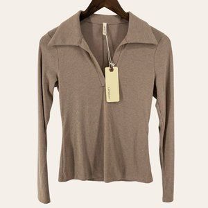 Lanston Tan Ribbed Collared‎ Polo Top Size XS